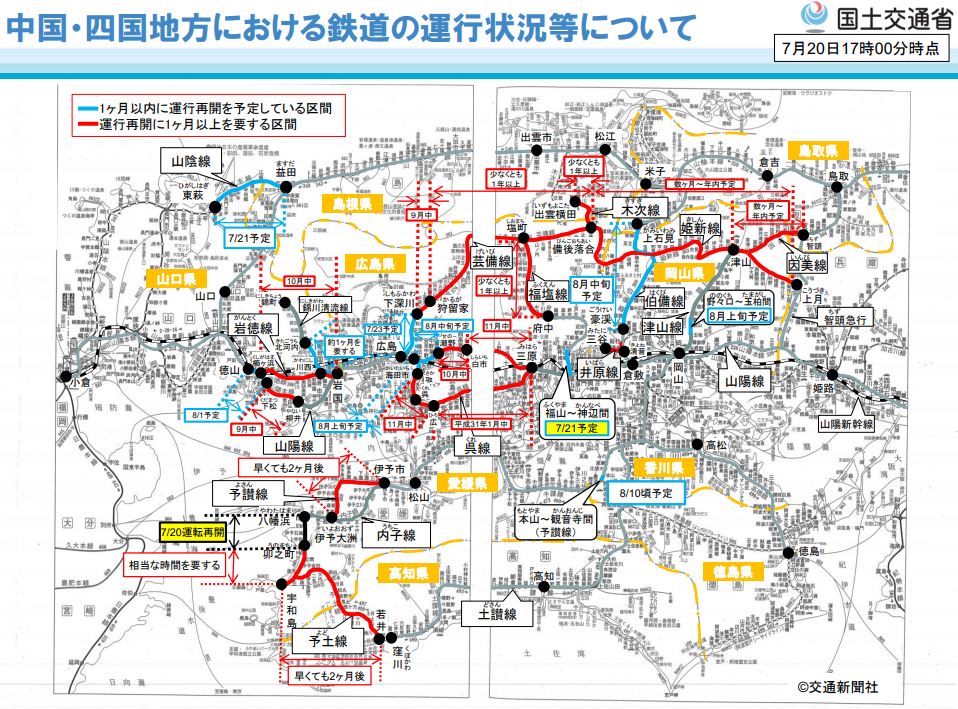 ＜平成30年7月豪雨関連＞ 鉄道の運転再開及び代行バス等の運行開始の見通しについて（７月２０日１７時時点）