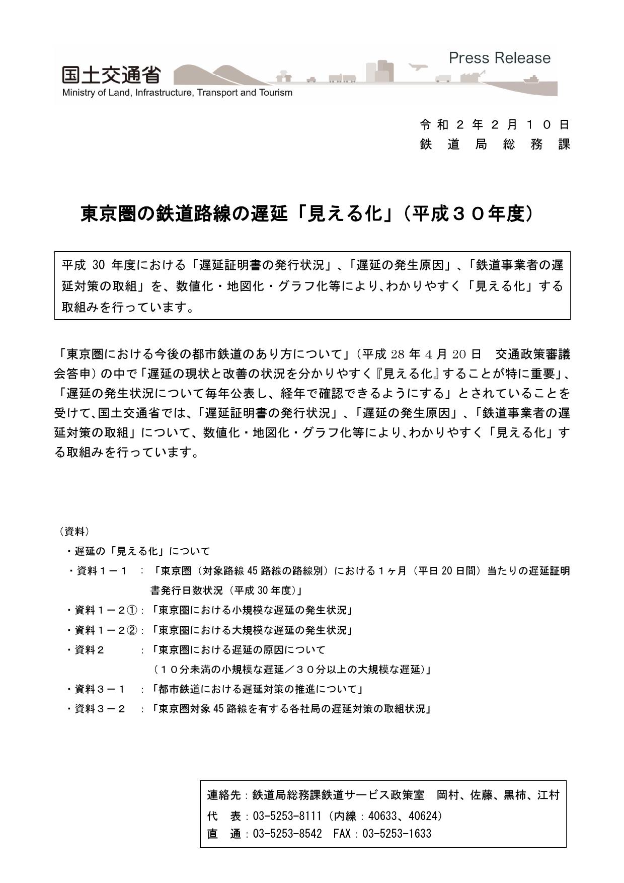 東京圏の鉄道路線の遅延「見える化」（平成30年度）
