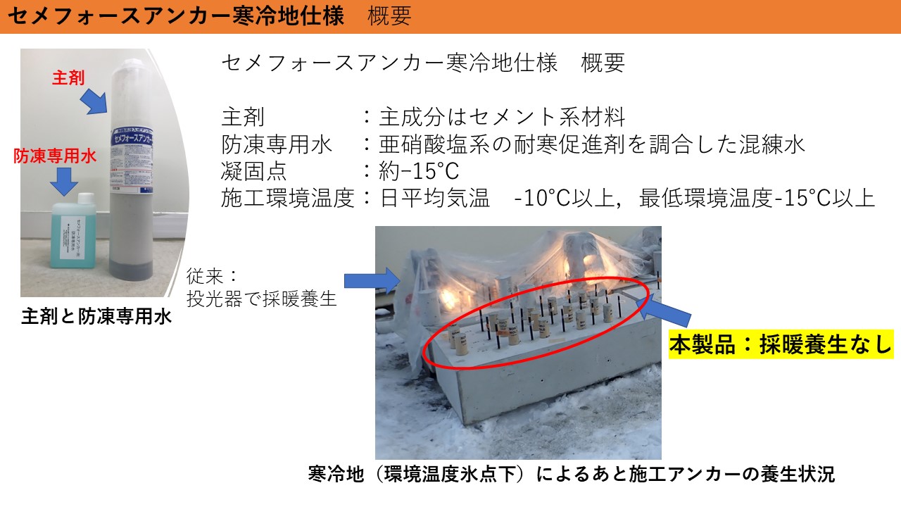 あと施工アンカー用無機系接着剤「セメフォースアンカー寒冷地仕様」(KT-230108-A)
